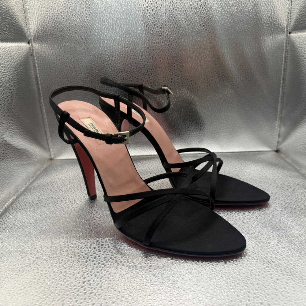 Size 40 Prada Strappy Stiletto Sandals Womens Black Excellent Satin Heels 1X2373